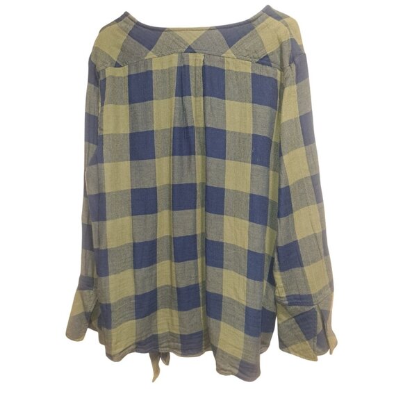 Time & Tru Womens Blouse XXL Olive Branch Plaid Tie Front Long Sleeve 100 Cotton - Picture 8 of 9